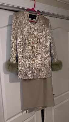 Moshita Couture Festive Green Suit Skirt Gold Buttons Fur Trim 14 L • $199.99