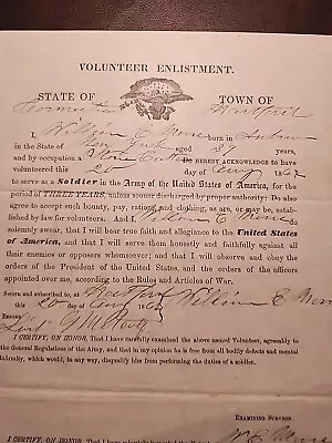 Original 1862 Civil War Volunteer Enlistment Papers Hartford Connecticut JRR12 • $114.35