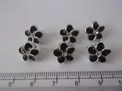 6 Lovely Quality Black Enamel And Silver 11mm Metal Look Flower Buttons E55 • £2.45