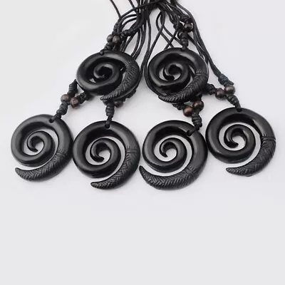 12Pcs Black Faux Yak Bone Spiral Swirl Amulet Pendant Beads Necklace Adjustable • $12.99