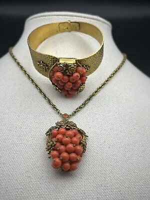Vintage Rare Signed Coro Set 1930's Faux Coral Bead Necklace And Bracelet • $295