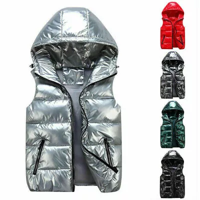 Mens Puffer Quilted Hooded Waistcoat Metallic Shiny Gilet Bubble Jacket Coat • $49.97