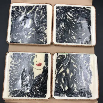 Beautiful Lady W/ Red Lips & Wild Black Hair Mural Vintage Set Of 4 Tiles • $39.99