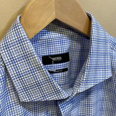 Hugo Boss Mens Sharp Fit Check Plaid Dress Shirt Blue White 16 1/2 32/33 L To XL • $24.19
