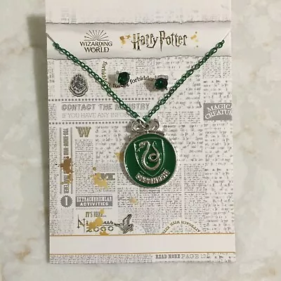 NEW Harry Potter SLYTHERIN Earrings & Necklace Jewelry Set Green & Silver Tone • $12.88