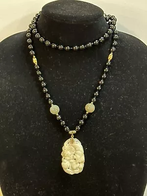 Chinese Carved Mutton Fat White Jade Foo Dogs Lions Black Onyx 14k Gold Necklace • $395