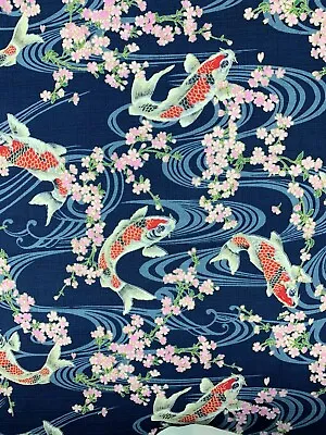 Japanese Cotton Fabric Cherry Blossom Carp  Oriental Fish Chinoiserie Upholstery • £8.34
