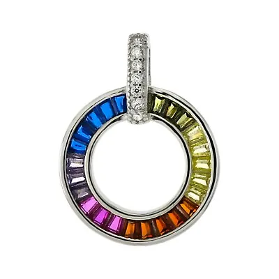 Multi Color Sapphire Baguette Circle Pendant Necklace In Solid Sterling Silver • $68