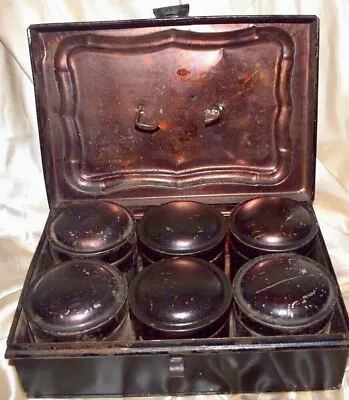 Antique Metal Spice Box With  6 Tin Canisters W Lids  • $79.99