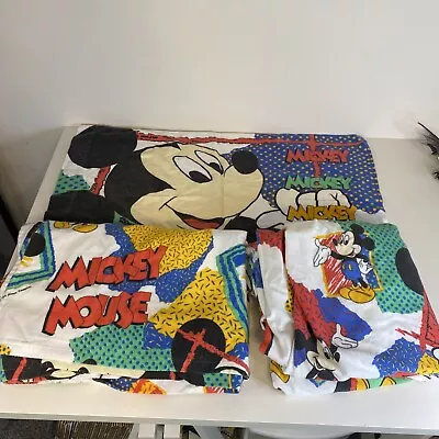 Vintage DISNEY MICKEY MOUSE Twin Full Set Fitted Flat Pillowcase 1980s Pop Art • $18