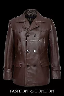 Men's KRIEGSMARINE Brown German U-Boat WW2 Hide Leather Jacket Pea Coat • $137.41