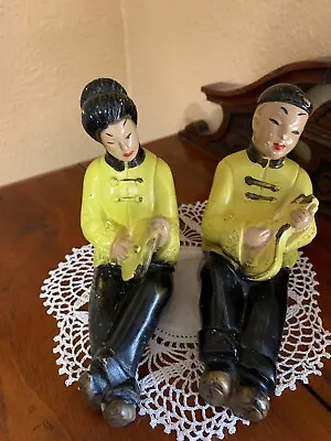 Vintage Chalkware Asian Couple Figurines Yellow/Green Mid Century • $16.95