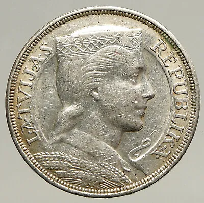 1931 LATVIA W Female Headwear 5 Lati LARGE Vintage Silver European Coin I93455 • $318.80