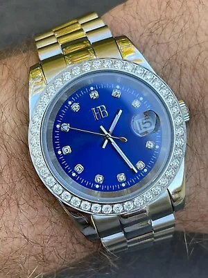 Mens Presidential Stainless Blue Face Iced Bezel 41mm Automatic Movement Watch • $289.75