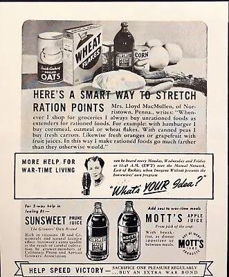 Mott's Apple Prune Juice Stretch Ration Points WW II Vintage Print Ad 1943 • $16.77