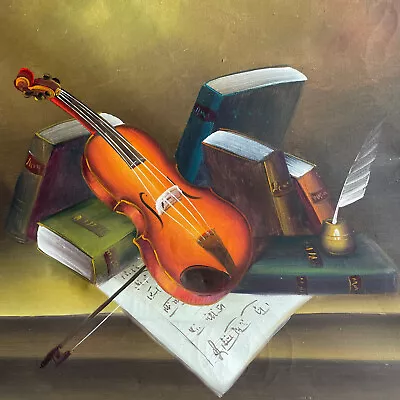 Still Life Oil Painting Violin &Books On Canvas By Hoya  26”X22”Distressed Frame • $223.78