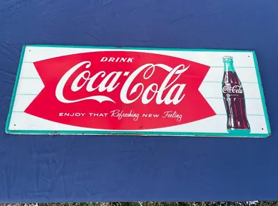 Vtg 1950s-60s Drink Coca-Cola Refreshing Feeling 32  Fishtail Metal Sign Soda • $450