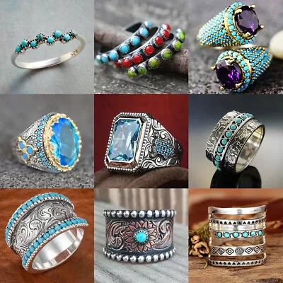 Turkish Turquoise Rings Women 925 Silver Wedding Engagement Boho Jewelry Sz 6-10 • $1.23