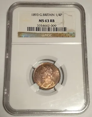 GREAT BRITAIN / 1893 1/4 P Farthing - NGC MS 63 RB !! • $85