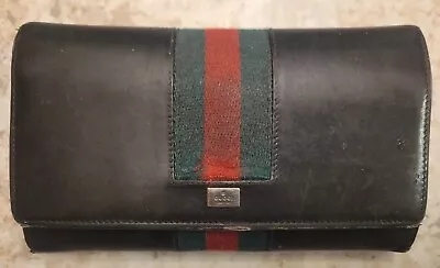 Gucci Wallet Women Authentic - Black Leather Gucci Stripe Pre-owned Vintage  • $69