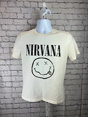 H&M T-Shirt Top Women Size S Ivory Nirvana Print Cotton Round Neck Short Sleeve • £8.16