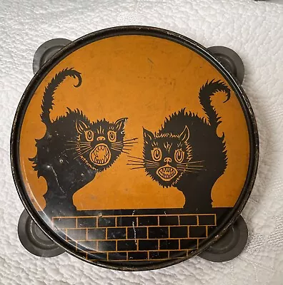 Vintage 2 BLACK CATS By J. Chein & Co. Tambourine Tin Noisemaker Howling Cat • $202