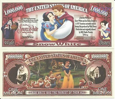 Snow White And The Seven Dwarfs Commemorative Million Dollar Bills X 2 1937 Film • £1.99