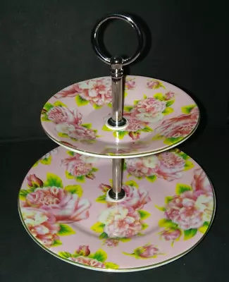 Small 2 Tier Cake Stand Old Roses Ceramic Crome Handle 5.5in Hi 6 In/4.25 In Dia • £10.45