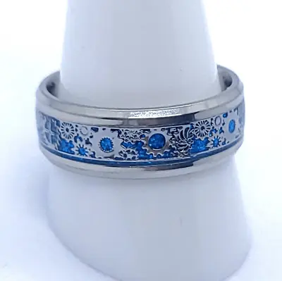 Blue Stainless Steel Steampunk Gear Inlay Men's Ring Decorative Wedding Band 10 • $44