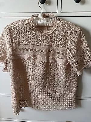 £9.99 • Buy Zara Pretty High Neck Nude Peach Lace Top Size L (12 Approx) 38” Chest