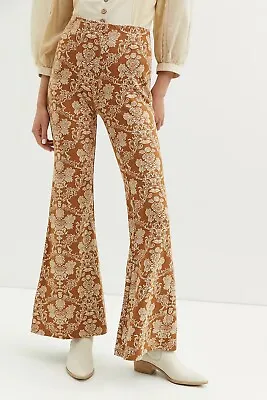 Anthropologie Pants Womens XL Brown White Floral Print Knit Flare Bell Bottoms • $23.76