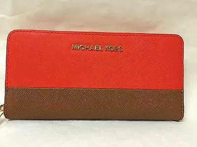 NWT Michael Kors Jet Set ZA Continental Leather Zip Around Wallet Mandrn/Luggage • $109