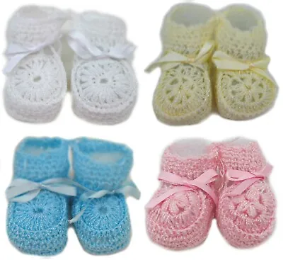 Crochet Baby Booties Ribbon  Newborn Pink White Blue Unisex Size 0-3 Months Crib • $1.95