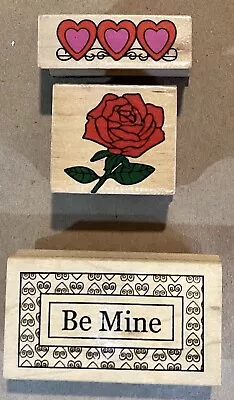 Rubber Stamps Valentine Sentiment  Be Mine  Hearts Single Rose Lot Of 3 • $10
