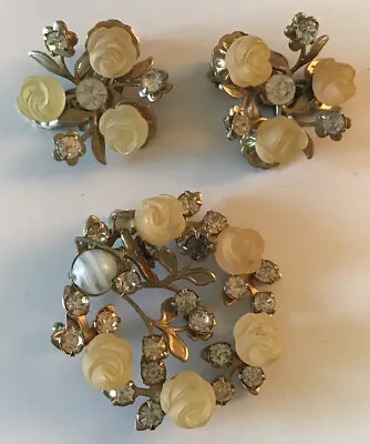 Vintage Rhinestone Brooch And Clip On Earrings White Tan 1940/1950’s • $12.99