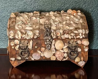 Vintage Seashell Treasure Chest Wood Mermaid Demon Beast Hardware Weathered Box  • $64.95