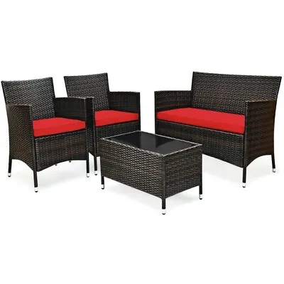 Patio Wicker Furniture Outdoor 4Pcs Rattan Sofa Garden Conversation Set Black • $188.97