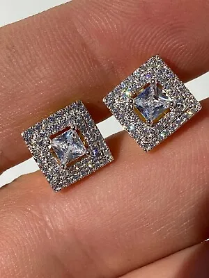 Mens Real Solid 925 Silver Iced CZ Hip Hop Earrings Studs 14k Gold Plated Square • $29.41