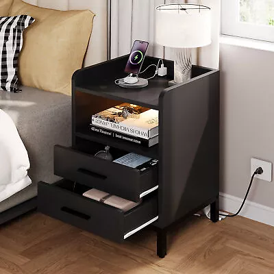 Modern Nightstand End Side Table 2 Drawer Bedside Table With Charging Station • $65.99