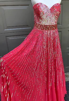 Sherri Hill Bright Pink Strapless Sequin Bejeweled Dress Sz 12 • $165