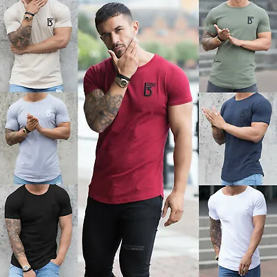 Mens Slim Fit T Shirt Muscle Fit Gym Top Designer Short Sleeve Curved Hem Tee  • £9.99