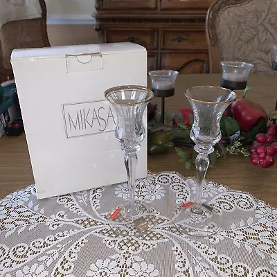 VTG Pair Mikasa Crystal Candle Holder Tapered Candle Holders JAMESTOWN Gold NIB • $32