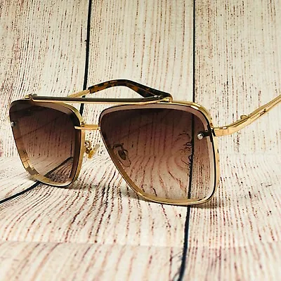 Men's Oversized Vintage Retro Shield Style SUN GLASSES Gold Frame Brown Lens New • $19.99