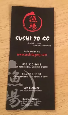 Sushi To Go Express NJ Cherry Hill Marlton Menu Ephemera Japanese Restaurant • $19.97