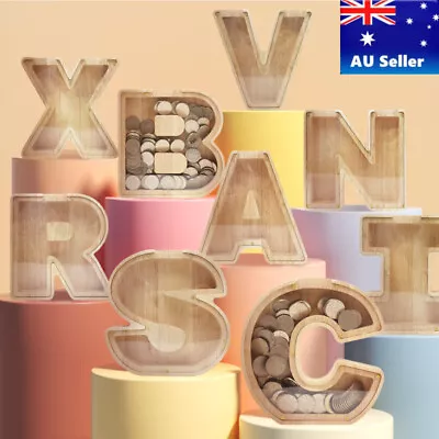 Wooden Piggy Bank Funny Letter/Guitar Coin Saving Money Box Kids Adults Gift AU! • $18.71