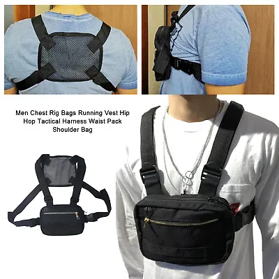 Men Chest Rig Bag Running Vest Hip Hop Tactical Harness Waist Pack Shoulder Bag • £10.98