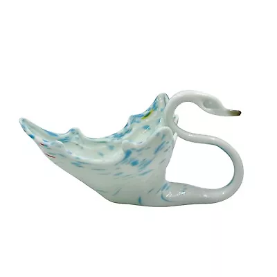 RARE Vintage Slag Milk Stretch-Glass Swan W-Blue And Yellow Swirls - EXCELLENT!! • $39.99