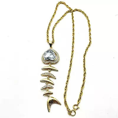 Fish Skeleton Medallion Necklace Signed Gold Tone Rhinestone Heart Rope Chain • $14.99