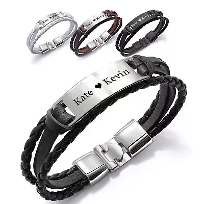 Personalised Mens Leather Bracelet Engraved Name Gift For Dad Husband Boyfriend • £7.99