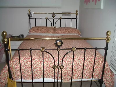 Vintage Cast Iron And Brass Black Double Bed Frame And Wooden Base • $250